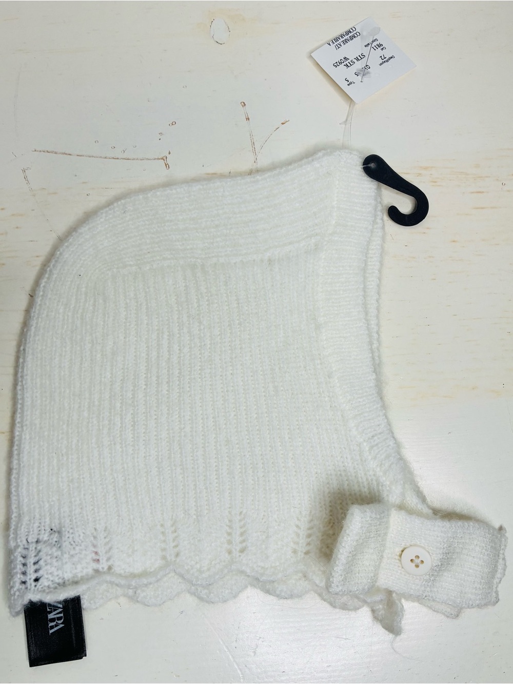 Zara Kids NWT White Knit Balaclava Hood Scalloped Button 1-3Y